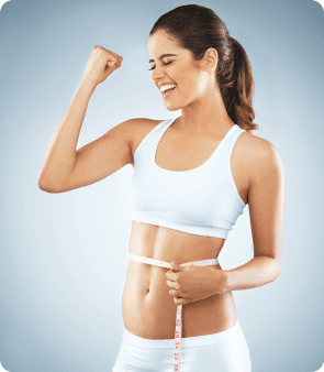 Woman celebrating weight loss with tape measure.